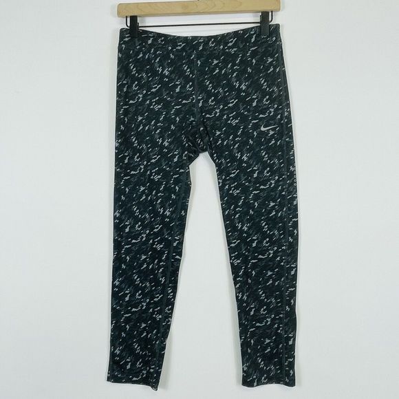 Nike Dri-Fit Black Grey Pattern Key Pocket Cropped Running Leggings Women Medium - Picture 1 of 7